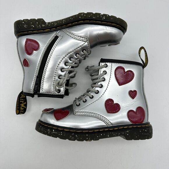 Dr. Martens Silver Kids Boots with Red Heart Accents - Picture 7 of 12